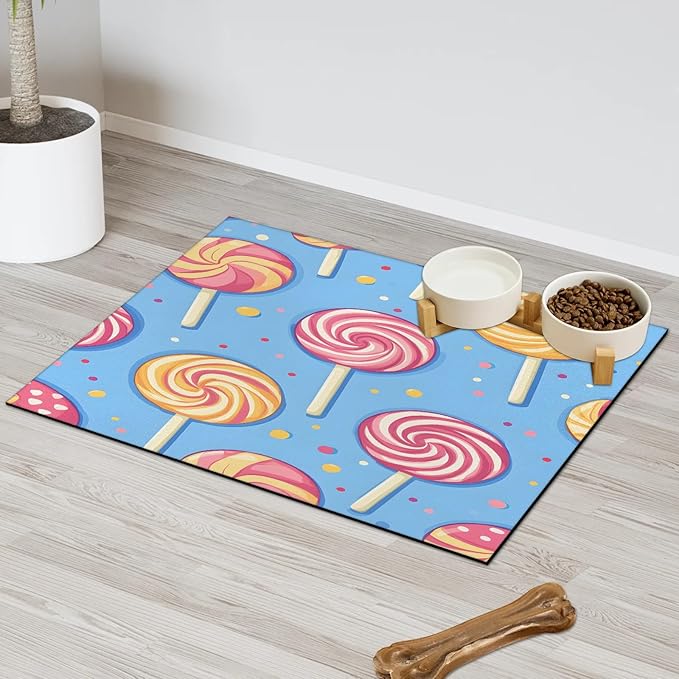 Candy Dog Food Mat for Floors Absorbent Dog Bowl Mat for Food and Water Dispenser Quick Dry Cat Food Placemat Pet Supplies 24" x 32", Lollipop