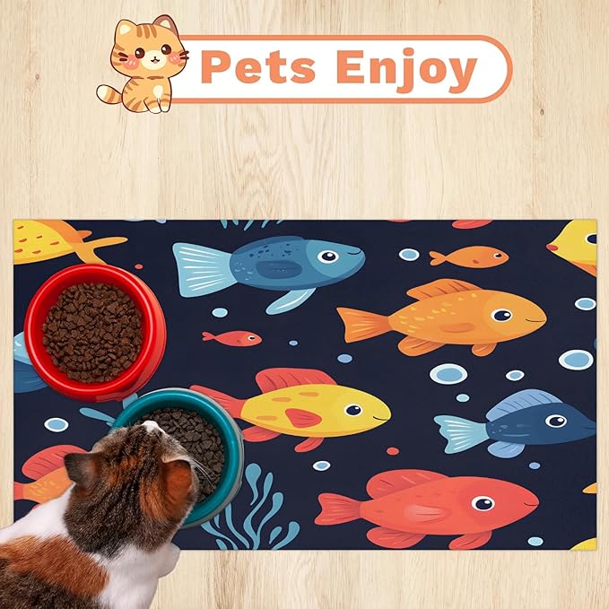 Cartoon Fish Dog Food Mat for Floors Absorbent Dog Bowl Mat for Food and Water Dispenser Quick Dry Cat Food Placemat Pet Supplies 24" x 32", Coral Ocean