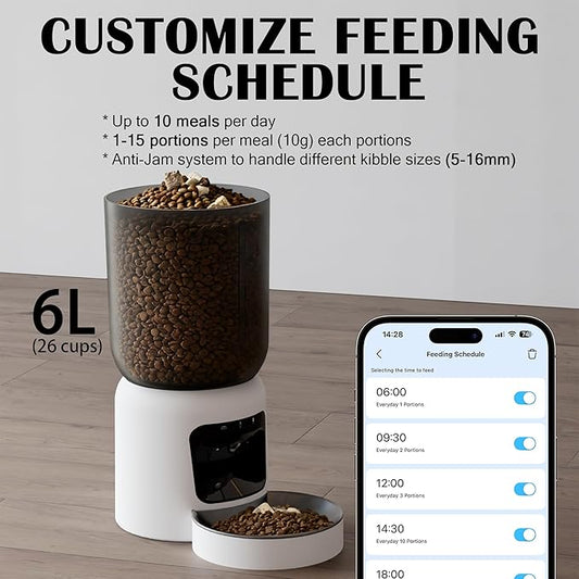 Automatic Cat Feeder with 2K Camera, 5G WiFi Smart Pet Food Dispenser for Cats & Small Dogs, 6L Large Capacity Timed Auto Feeder with App Control, Night Vision, 2-Way Audio & Detachable Design (White)