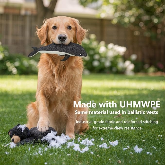 Indestructible Dog Toy for Aggressive Chewers, Durable UHMWPE Fabric Chew Toy with Squeaky, Plush Companion for Small Medium Large Dogs - Dolphin