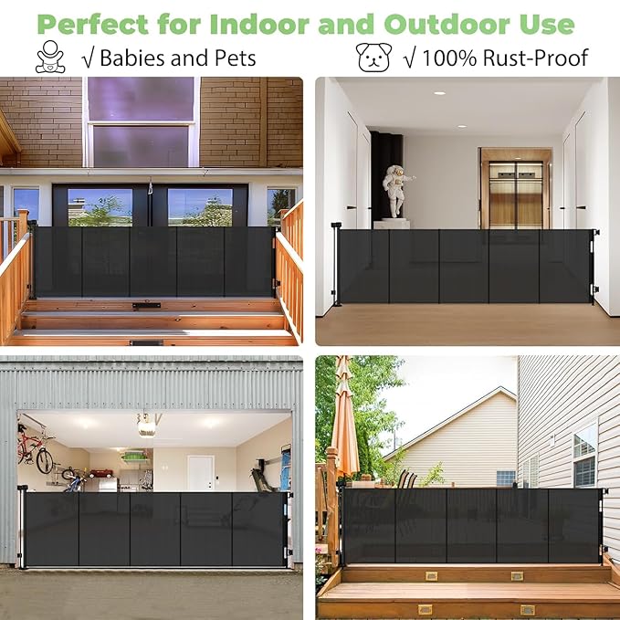 Reinforced 120 Inch Retractable Baby Gates Extra Wide Dog Gate with Support Rods – Prevent Crawling Under, 10 Feet Extra Long Baby Gates for Large Openings, Indoor/Outdoor Retractable Dog Gate, Black