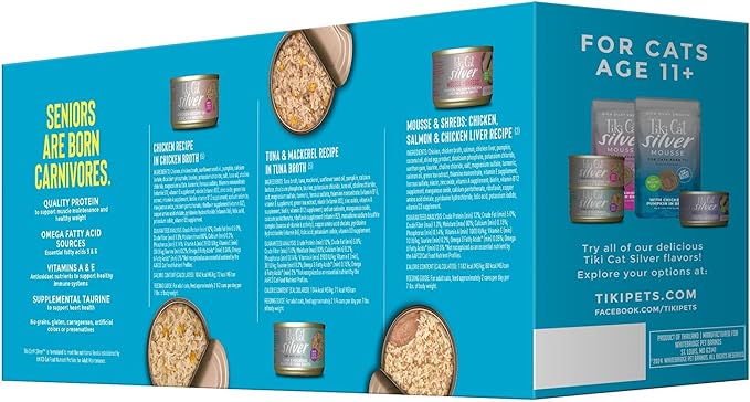 Tiki Cat Silver Variety Pack,Immune System Support Formulated for Older Cats Aged 11+,Senior Wet Cat Food,2.4 oz. Can,12 Count (Pack of 2)