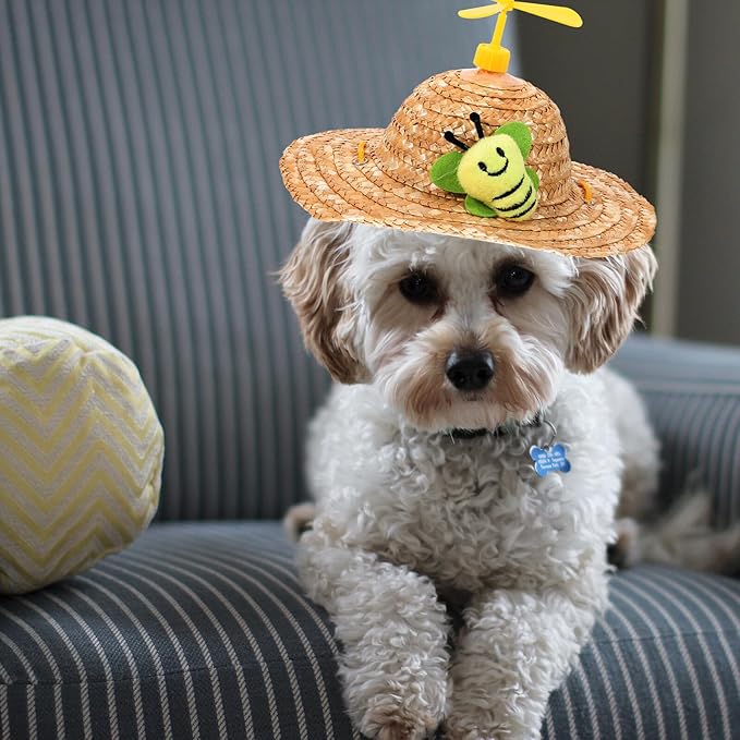 Homoyoyo Pet Straw Hat with Woven Helicopter Decor, Cute Photo Prop for Dogs, Size L, Lightweight Breathable Pet Supplies for Outdoor and Home Use