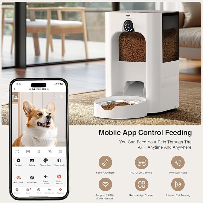 Smart Automatic Cat Feeder with 1080P Camera & Laser Toy, 5G WiFi 5L Pet Feeder for Cats & Dogs, Night Vision, Motion Detection, 2-Way Audio, APP Control, Timed Dry Food Dispenser