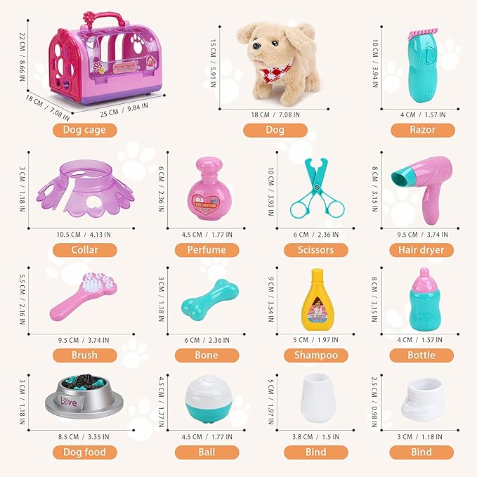 Pet Care Play Set Electric Vet Play Set-Walking ,Barking,Tail Wagging Little Plush Dog Grooming Toys with Puppy Carrier Feeding Dog Educational Toys for Toddler Kids