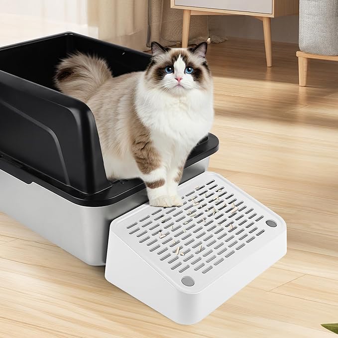 Cat Litter Box Ramp, Litter Box Step Mat with Filter Function, Cat Litter Catcher for Self-Cleaning Litter Boxes, Cats Pedal Stool Ideal for Kitten & Elderly Cats (White)