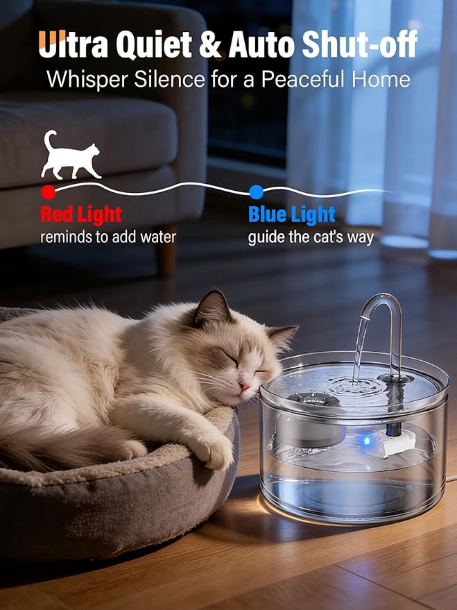 Cat Water Fountain, 74oz/2.2L All Glass Automatic Water Fountain with Ultra-Quiet Auto Shut-Off Pump, Easy to Clean Pet Water Dispenser for Cats, Kittens (with 8 Filters)
