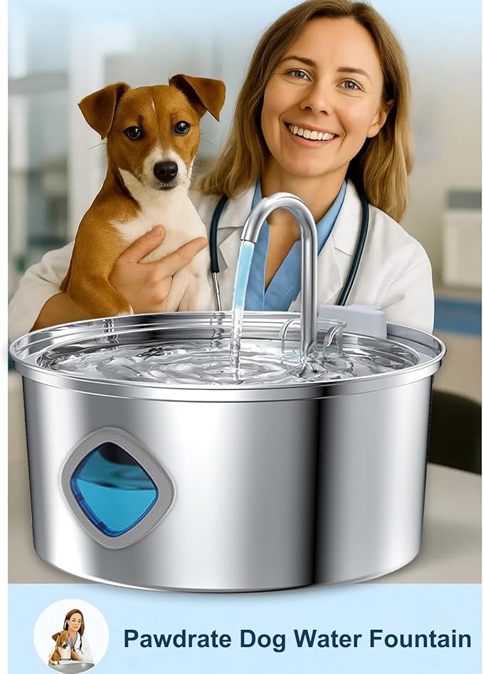 Pawdrate Dog Water Fountain, 3.2L/108oz Filtered Dog Water Bowl Dispenser, Wired Automatic Circulating Quiet No Spill Water Bowl with Quadruple Filtration for Small Dogs & Cats (2 Filters, 3.2L)