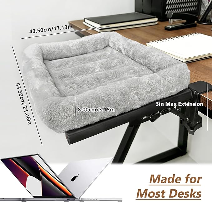 Cat Hammock for Desk Side - Foldable Office & Gaming Perch, Soft Faux Rabbit Fur Calming Bed, Heavy Duty Metal Frame Holds 33 lbs, Prevents Keyboard Sitting