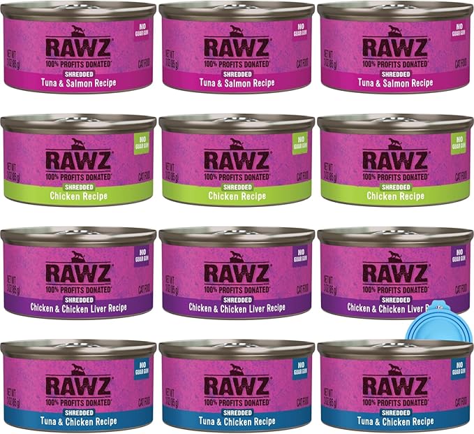 Rawz Natural Premium Canned Cat Wet Food Shredded -12 Pack Cans Variety Pack -4 Flavors with Yow Pet Lid- (Tuna & Salmon, Chicken & Liver, Tuna & Chicken, Chicken)- (3oz Cans)