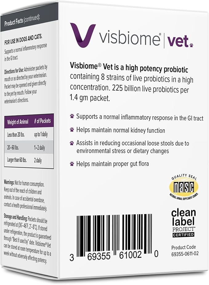 Visbiome® Vet Advanced GI Care High Potency Probiotic for Dogs & Cats – 225B CFU, 8-Strain Formula – Refrigerated, Veterinarian Recommended, Clean Label Certified – 60 Packets