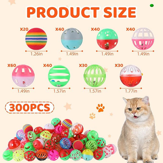 300 Pcs Cat Balls Bulk Plastic Lattice Balls Colorful Assorted Pack Kitten Ball with Bells for Indoor Cat Stray Kitten to Chase Pounce Play