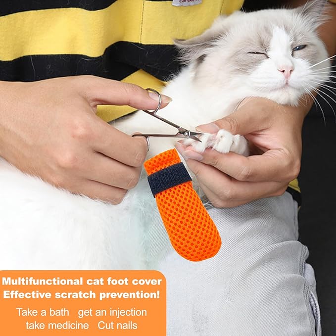 Cat Boots,paw Covers Anti-Scratch Cat Foot Covers for Cats Adjustable Mesh Cat Claw Protectors Non-Slip Breathablesuitable for Family Pet Cat Bathing and Nail Cutting (4 Pieces) (l, Orange)