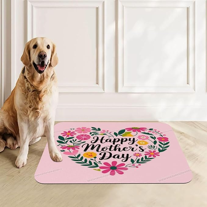 Pet Feeding Mat for Floors Waterproof Dog Mat for Food and Water Happy Mother's Day Floral Gift Mom W Absorbent Quick Dry Non Slip Mats Cat Bowls 18X12In