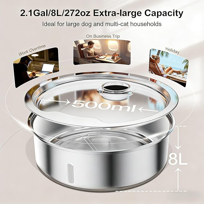 Dog Water Fountain, 8L Stainless Steel Dog Water Fountain for Large Dogs, Dog Water Bowl Dispenser, Super Quiet Pump and Replacement Filters for Cats and Dogs (Silver-8L+16Filters)