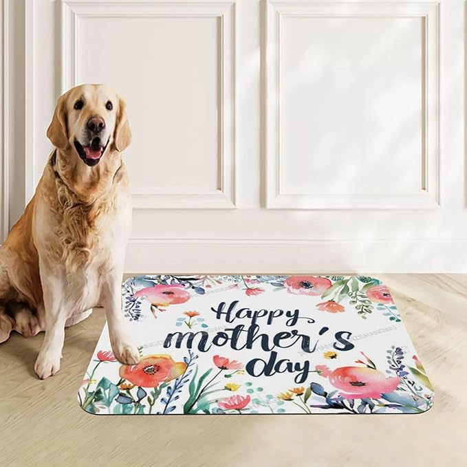 Dog Food Mats for Floors Absorbent Pet Cat Food Mat Happy Mother's Day Floral Gift Mom Ee Non Slip Dogs Bowl Mats for Water Dog Placemats Feeding Mat Pet Supplies 24x16In