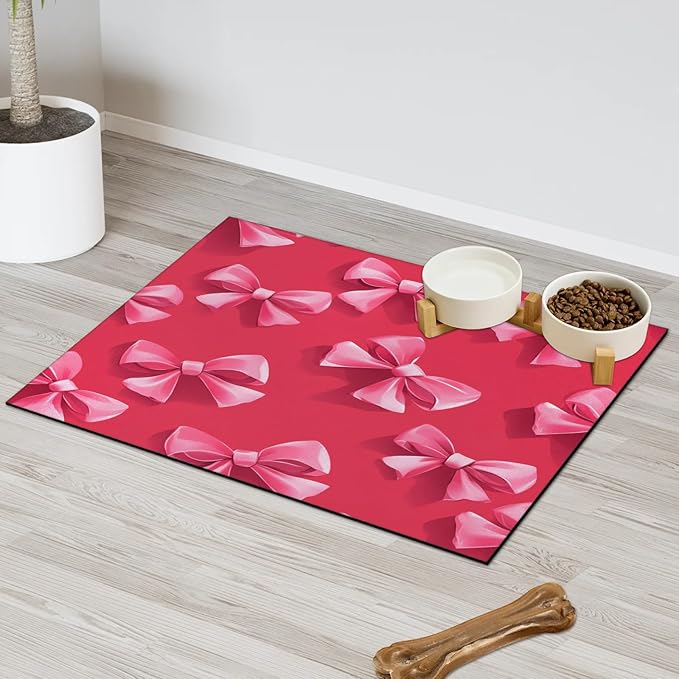 Pink Christmas Bow Dog Food Mat for Floors Absorbent, Quick Dry Water Dispenser Mat for Food, Water, Pet Supplies 24" x 32",