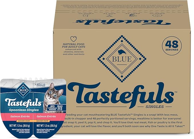 Blue Buffalo Tastefuls Spoonless Singles Natural Wet Cat Food Paté, 2.6-oz Twin-Pack Trays, Salmon Entreé (24 Count)