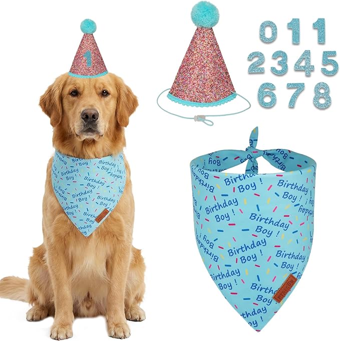 PTDECOR Dog Birthday Party Supplies, Blue Birthday Boy Bandana, Glitter Dog Birthday Hat with Numbers for Large X-Large Dogs Pets (X-Large)