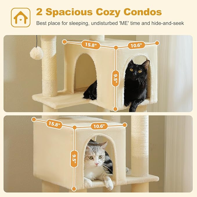 Cat Tree for Indoor Cats, 62" Multi-Level Cat Tower with 2 Spacious Condos, Scratching Pad, 4 Cat Scratching Posts, 2 Top Perches, 2 Pompoms, Beige