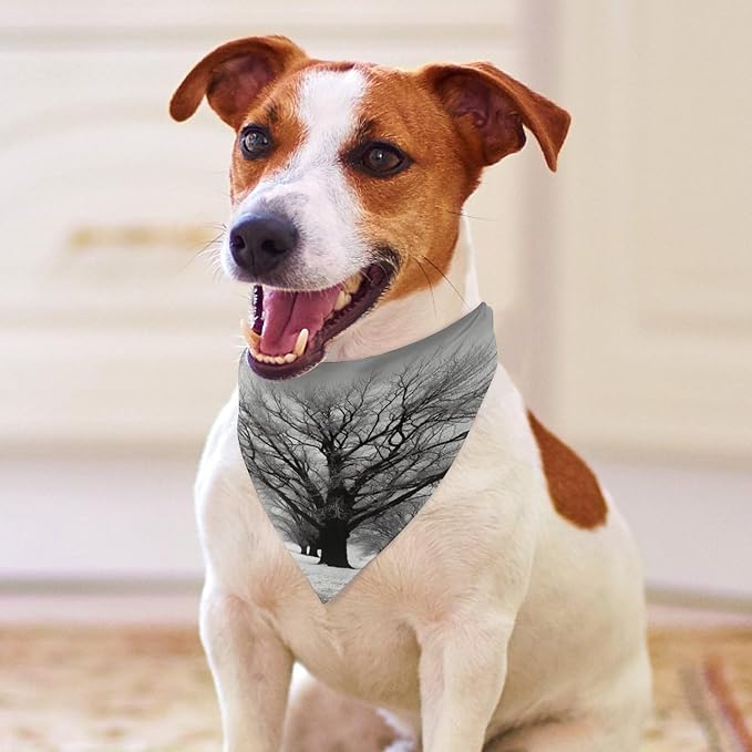 Dog Bandana Spring Pet Scarf Adjustable Triangle Black and White Tree Printing Dog Bib Washable Polyester Puppy Bandana for Small Medium Large Dogs Cat Birthday Party Supplies