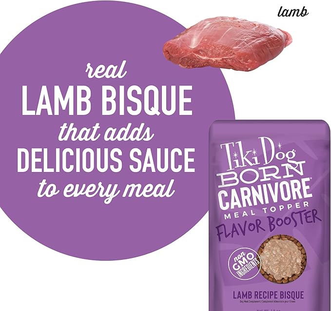 Tiki Dog Born Carnivore Flavor Booster, Lamb Recipe Bisque, Grain Free Meat Based Treat, Meal Topper for All Dog Breeds and All Life Stages, 1.5 oz. 12 Count