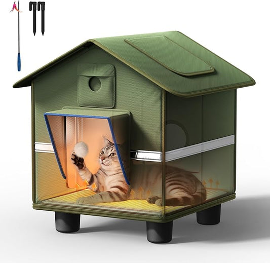 Heated Outdoor Cat House for Outside with Cat Toys and Roof Window Feral Stray Shelter Weatherproof in Garage Yard Porch (with Dual Camera Ports)