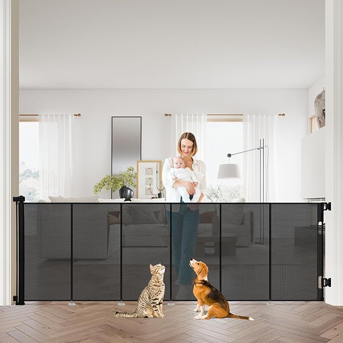42" Tall Retractable Baby Gates, Extra Wide 118" Retractable Safety Gate with Reinforced Strips, Extra Long Dog Gate for Large Openings & Doorways Mesh Pet Baby Gates Indoor & Outdoor, Black