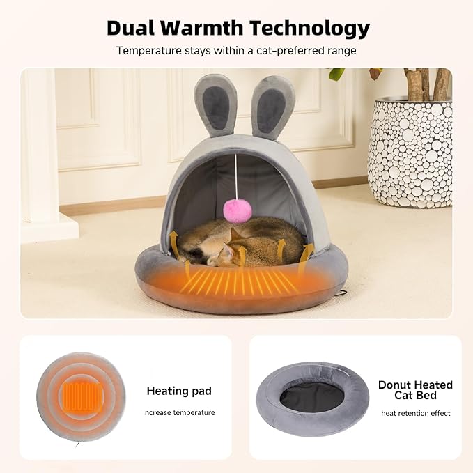 Heated Cat Bed with Electric Cat Heating Pad, 23.6" Large Cat Bed for Cats and Small Dogs, Heated Pet Bed with Timer & Temp Adjustable, Removable Machine Washable, Gifts for Easter