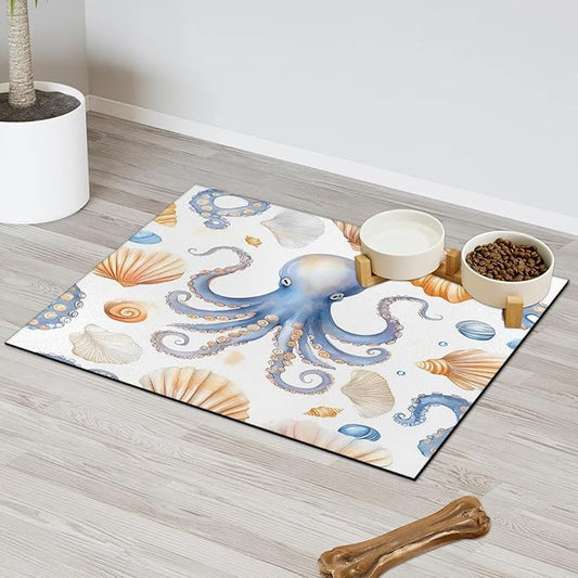 Nautical Octopus Dog Food Mat for Floors Absorbent Dog Bowl Mat for Food and Water Dispenser Quick Dry Cat Food Placemat Pet Supplies 16" x 24", Seashell Beach Ocean