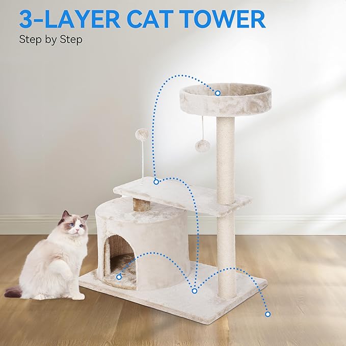 31.3" Cute Small Cat Tree Tower, 4-in-1 Multi-Level Cat Furniture Activity Centerl with Cat Scratching Post,Cave & Cozy Perch,Interactive Dangling Ball for Indoor Kittens/Cats