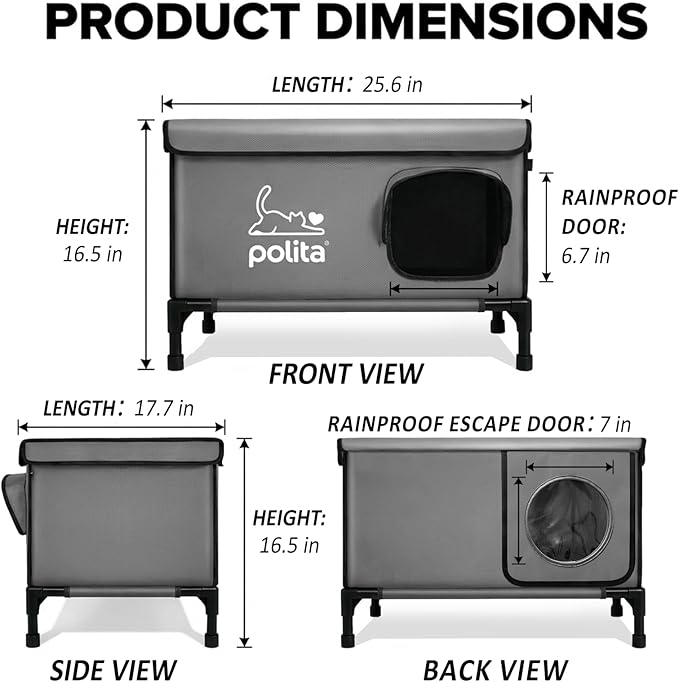 Polita Indestructible Heated Cat House for Outdoor Cats All Seasons, Extremely Insulated & 100% Weatherproof, Elevated Feral Cat Shelter with Waterproof Eaves &Safe Escape Door for Stray & Barn Cats