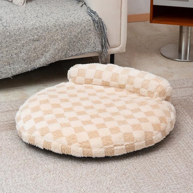 Orthopedic Dog Bed for Medium Small Dogs and Cats Calming Pillow Pet Couch Sofa Puppy Bed with Removable Washable Cover Oval 3D Checkered Plush Pet Furniture 30x25x7 Indoor Beige