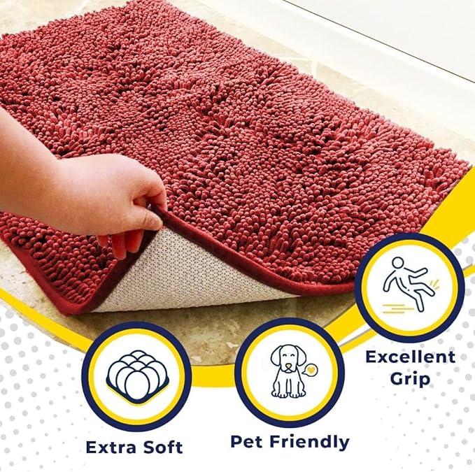 Muddy Mat® | Super Absorbent Door Mat Indoor, Microfiber Quick Dry Chenille Entryway Rug, Non-Slip Front Door Mat, Indoor Mats for Entryway, Machine Washable Pet Rug, Red 24" x 72"