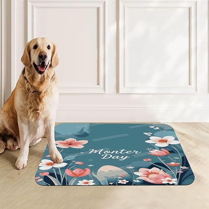 Dog Food Mat Dog Mat for Food and Water 18X12In Watercolor Happy Mother's Day Floral Gift Mom Co No Stains Cat Pet Feeding Mats Water Bowl for Messy Drinkers