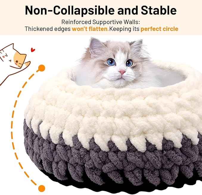 Rondo Cat Nest Handwoven Washable Cat Nest Bed Extra Soft Round Cave House Furniture for Indoor Kitten Cloud Black, White&Gray