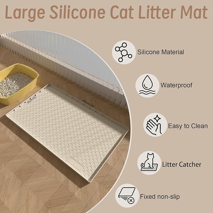 2pcs 34"x22" Litter Mats Extra Large Easy Clean, Cat Litter Mat Large, Silicone Dog or Cats Feeding mat Waterproof, Cat Litter Mats for Indoor Cats, Grey and Beige
