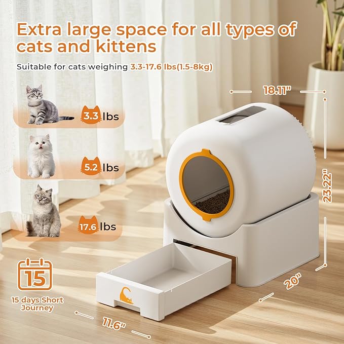 Self Cleaning Litter Box, Large Capacity Automatic Litter Box with Auto Safety Sensors for Safety Protection Enhanced Whisper-Quiet Cat Litter Box with APP Control for Multiple Cats, White