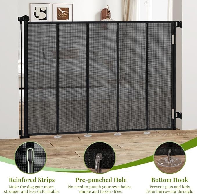 47" Extra Tall Retractable Baby Gates, Extends to 59" Wide, ExtraTall Retractable Safety Gate with Reinforced Strips, Retractable Tall Dog Gates for Doorways Mesh Baby Pet Gates Indoor, Black