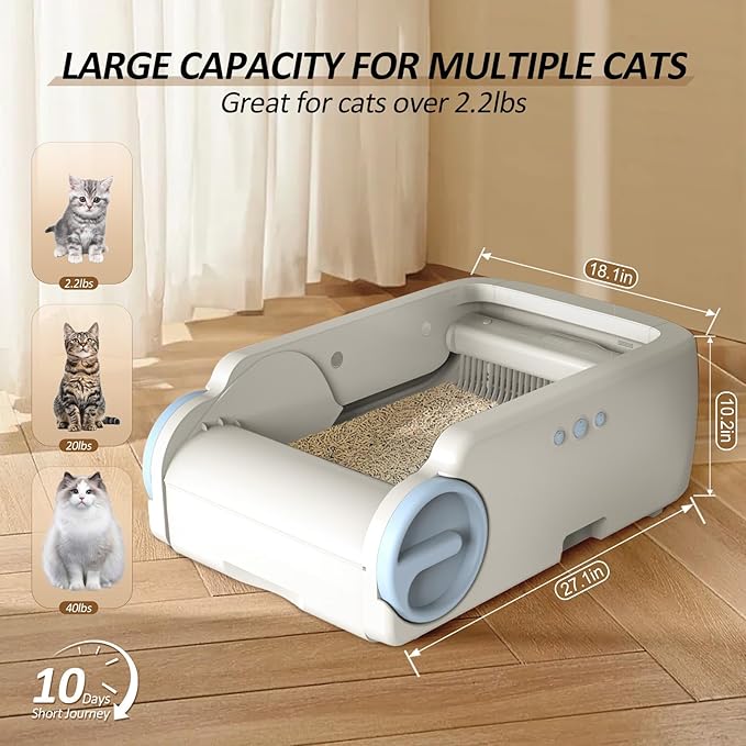 Self Cleaning Cat Litter Box, Open-Top Automatic Litter Box for Multiple Cats with App Control, Safety Sensors Protection, Odor Control Includes 2 Roll Waste Bin Liners and 1 Litter Mat, White