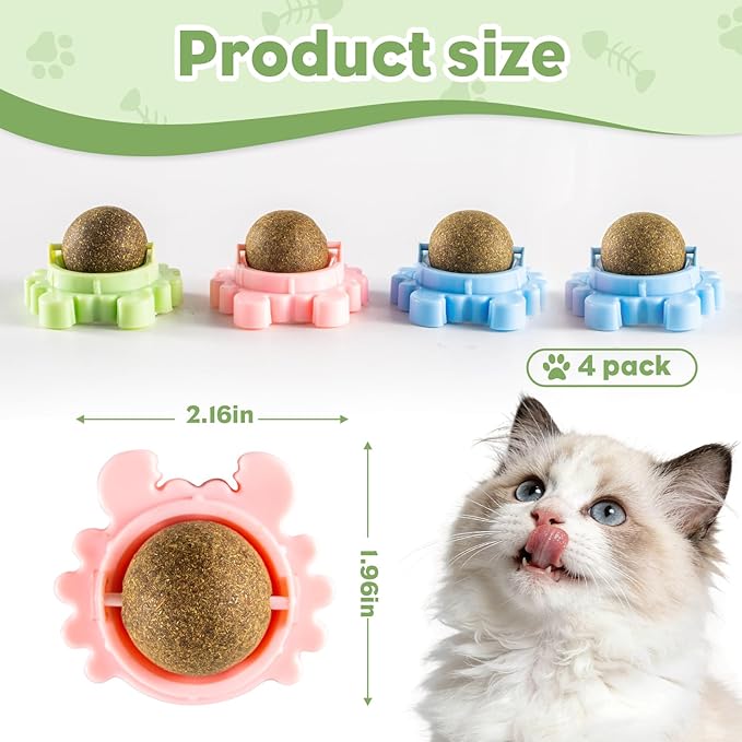 Catnip Balls for Cats - 4 Pack Wall-Mounted 360° Spinner Chew Toys, Freshens Teeth & Reduces Boredom, Natural Catnip Filled