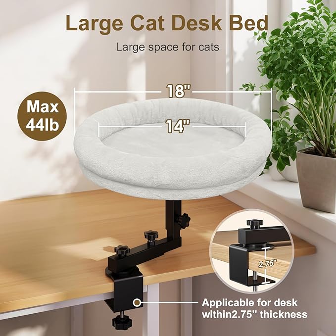 Large Cat Desk Bed, 360°Rotating & Adjustable Shelf, 18" Thickening Cat Bed for Desk, Soft Faux Fur with Mat, Suitable for Various Desktops - Maximum Hold Up to 50lb (White)