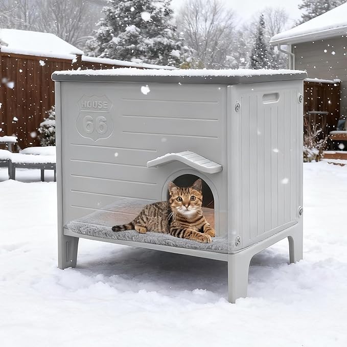Rockever Waterproof Cat House for Outdoor Cats, Insulated Outdoor Cat House with Soft Mat, Elevated Feral Cat House Outdoor Indoor, Safe Escape Door, Spacious and Clean Easily(L,Grey with Mat)