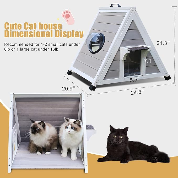 Deblue Outdoor Cat House for Feral Cats, Weatherproof Wooden Cat House for Small Pets, Unique Cat Shelter with Escape Door, Clear Window-Grey
