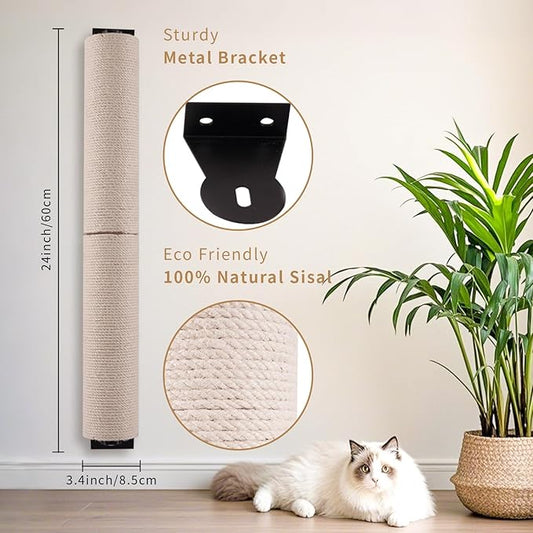Cat Scratching Post Wall Mounted, 24 inch Tall 3.5 inch Diameter Cat Tree Scratch Post, Hemp Rope Scratcher Posts for Indoor Kittens and Large Cats with Screws