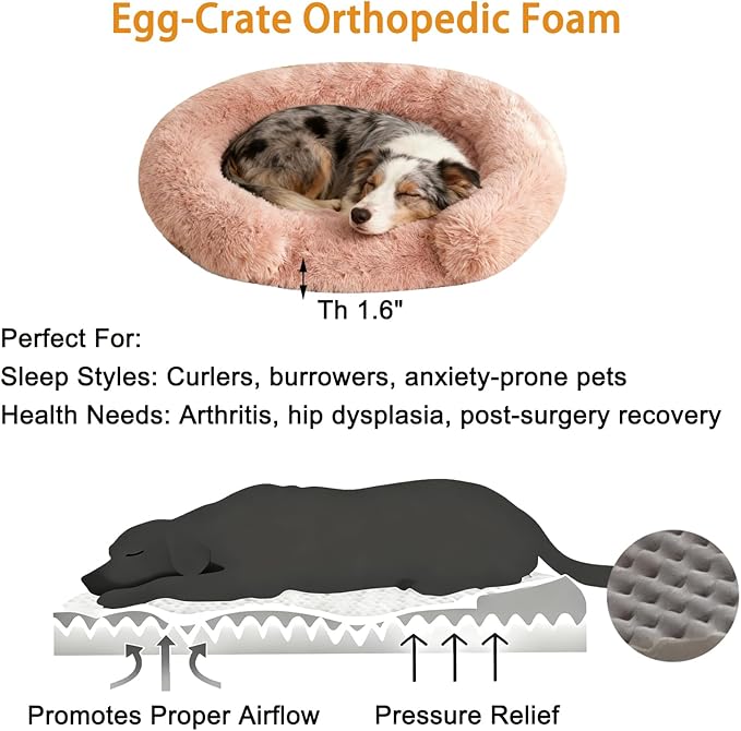 Calming Dog Bed for Small Medium Dogs, Anti-Anxiety Donut Washable Puppy Bed Orthopedic Cushion, Soft Fluffy Faux Fur Plush Warming Cozy Cat Bed, Fits up to 25 lbs Pets (Round, Blush 23")