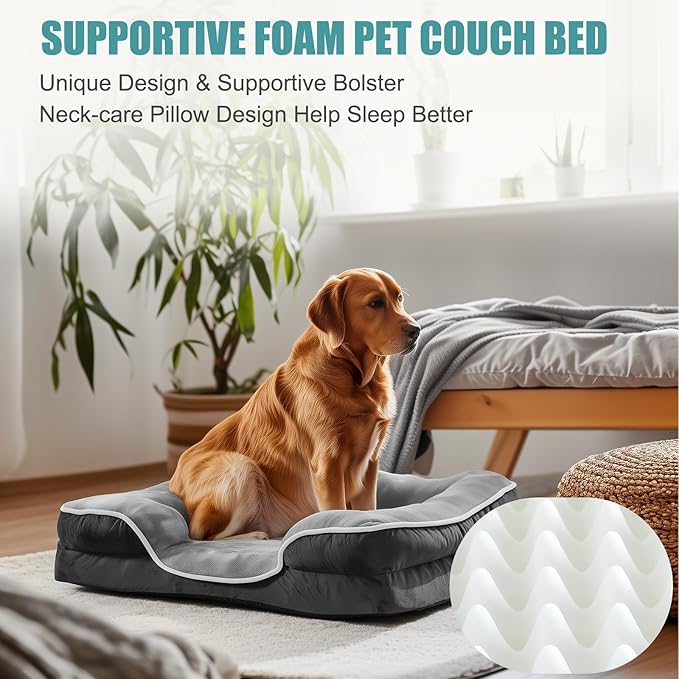 NEWBULIG 35x25 Inch Orthopedic Dog Bed Large Sized, Dog Couch/Sofa Bed with Washable Cover, Waterproof, Memory Foam, Soft Fluffy Surface