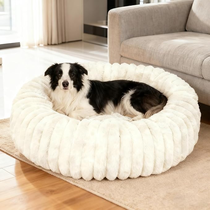 Washable Large Dog Bed,Calming Anti Anxiety Round Donut Dog Bed,Fluffy Puppy Beds for Small Dogs,Cute Kitten Cat Beds for Indoor Cats,Anti-Slip Comfort Pet Beds for Large Size(White,XL)