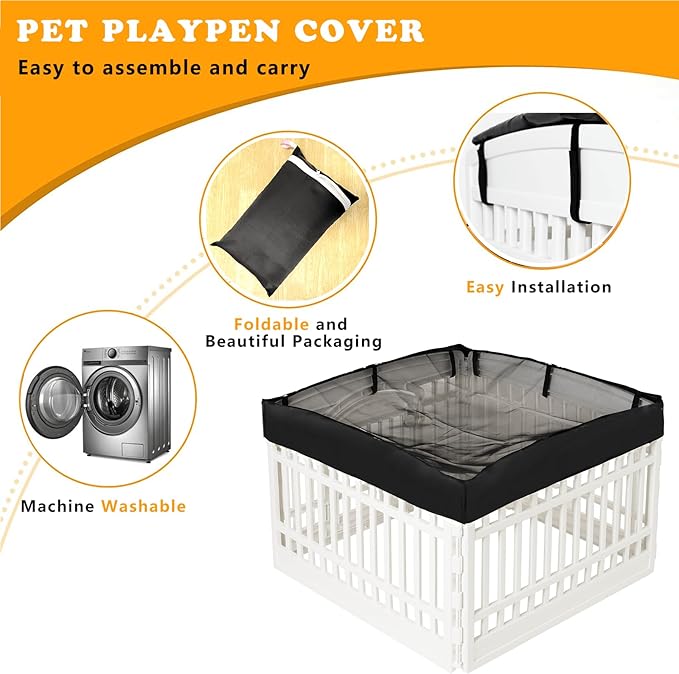 Dog Playpen Mesh Top Cover for 36" Inch Pet Playpen with 4 Panels, Dog Crate Cover Pet Tent Puppy Play Pen Cover, Ideal for Indoor/Outdoor Use. Note: Playpen Not Included (Pure Black)