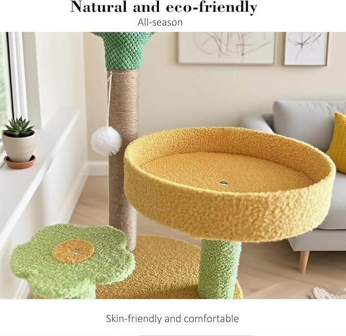 Cactus Cat Scratching Posts Cats Scratcher H 27.16" with Premium Sisal Rope 13.78" Bed, Flower Shaped Platform and Dangling Balls, Scratcher Vertical Green Cats Tree Suitable for Indoor Kitten